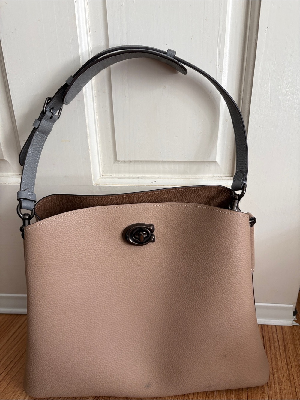 Coach Pebbled Leather Shoulder Bag in tan  and Gray Strap